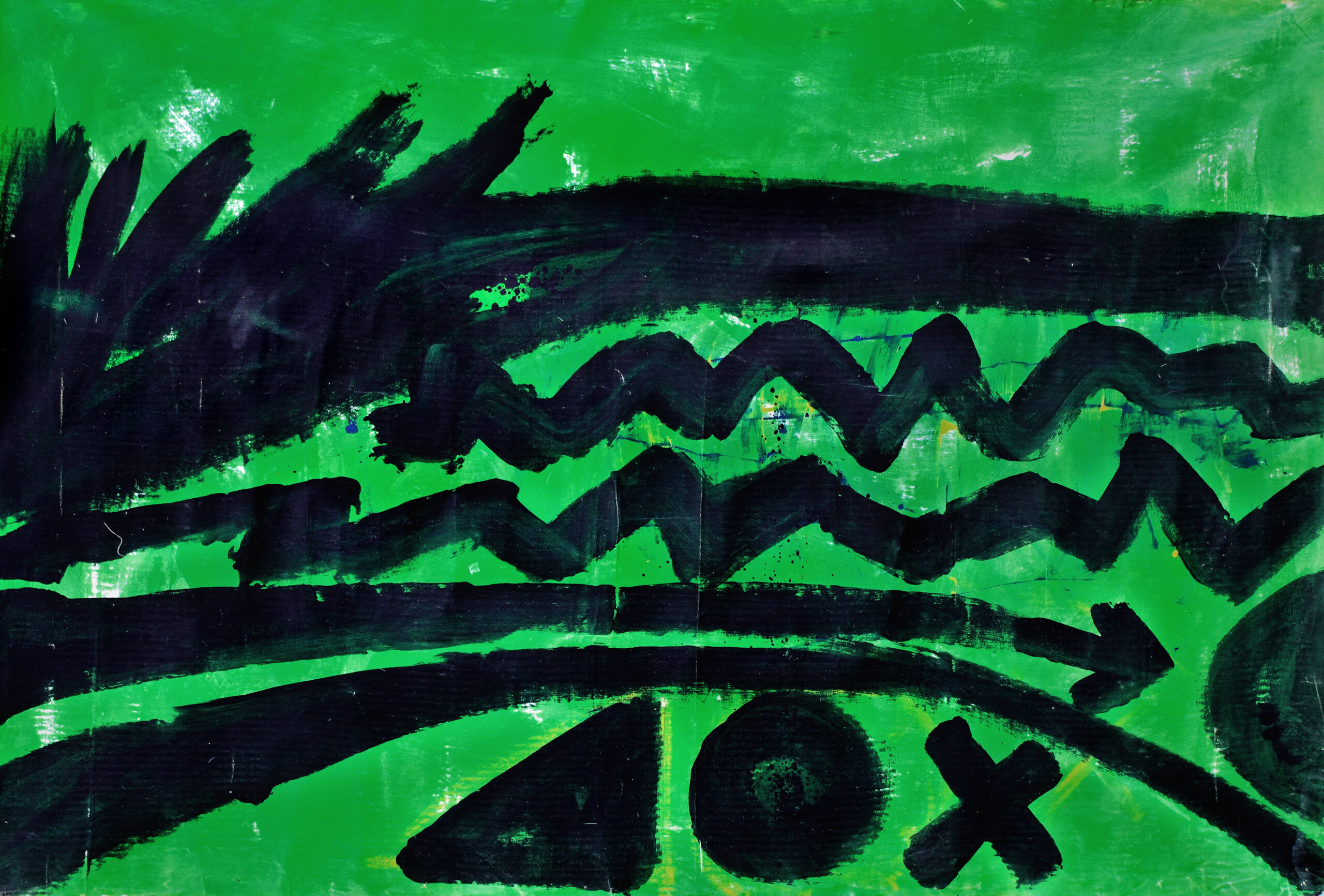Z. Nitka, Abstrakcja zielono czarna zygzaki, 2004, akryl płótno, 140x205 cm