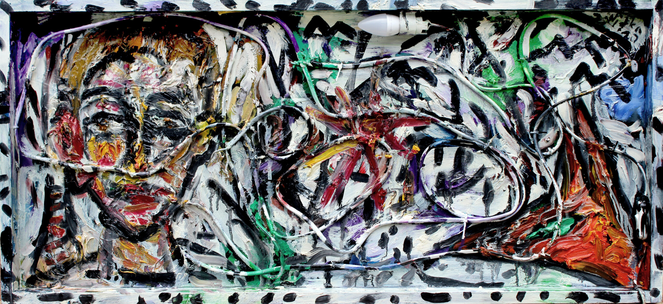Z. Nitka, Malarz i lis ukryci, 2020, olej drewno kolaż, 49x106 cm