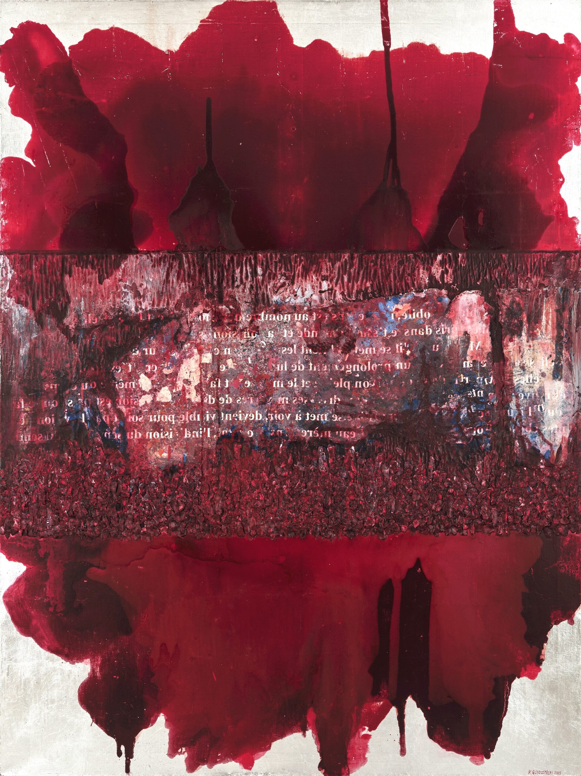 Lekcja malarstwa wg. M.Merleau Ponty'ego, 200 x 150 cm, olej, enkaustyka, szlagmetal na płótnie, 2023