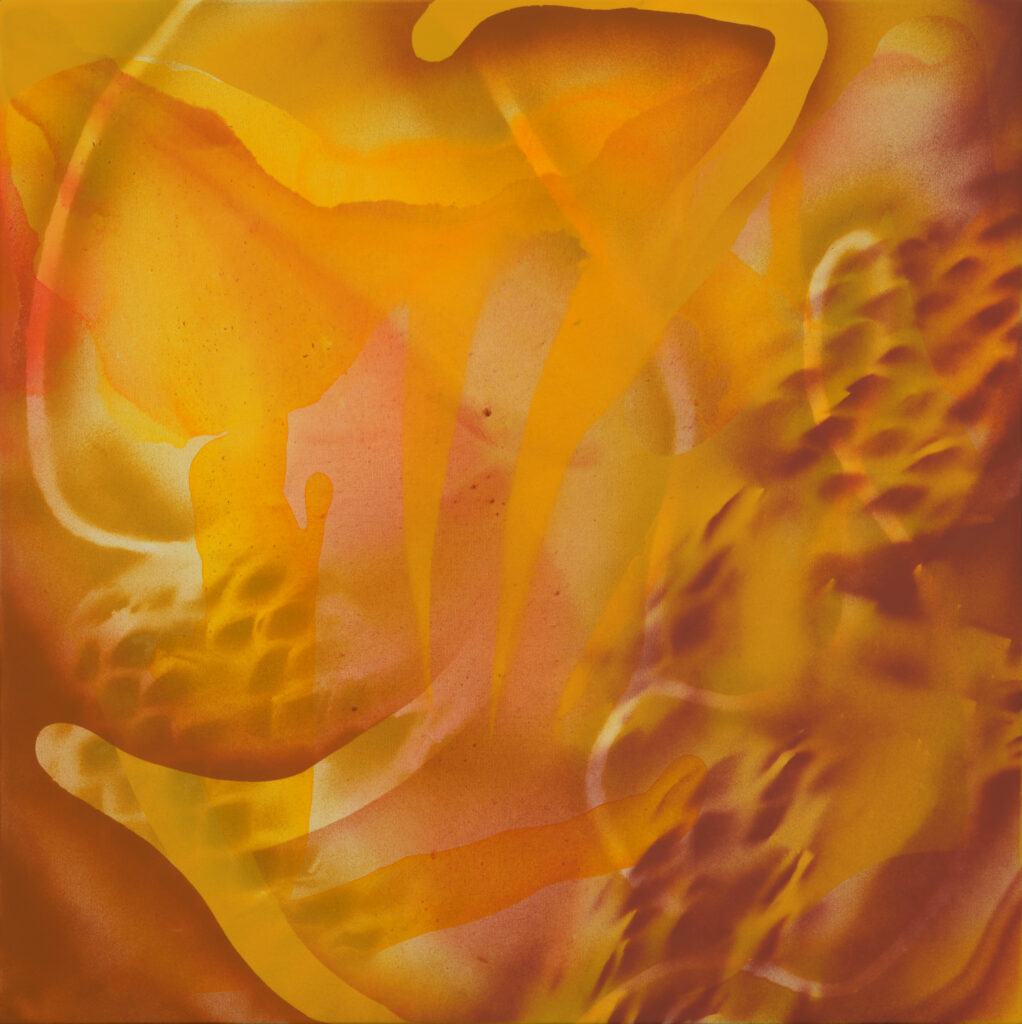 „Sebastian Krzywak, Bez tytułu 142, akryl i spray na płótnie, 70x70 cm 2025r